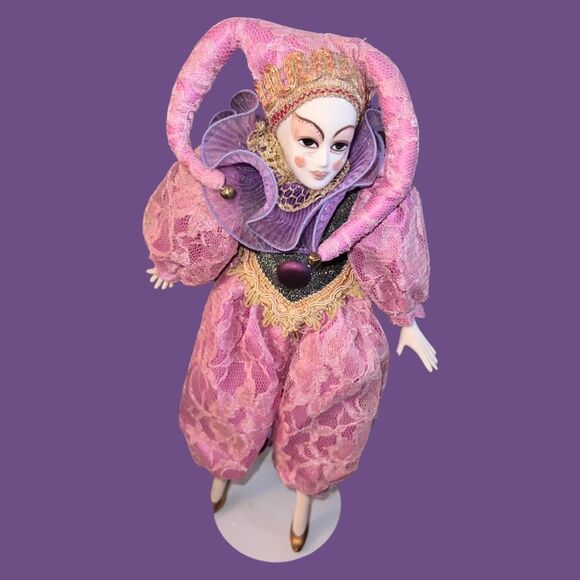5 Harlequin Porcelain Clown Jester Doll Hands Feet Hand Painted Art W/ Stands 18 - Picture 4 of 16